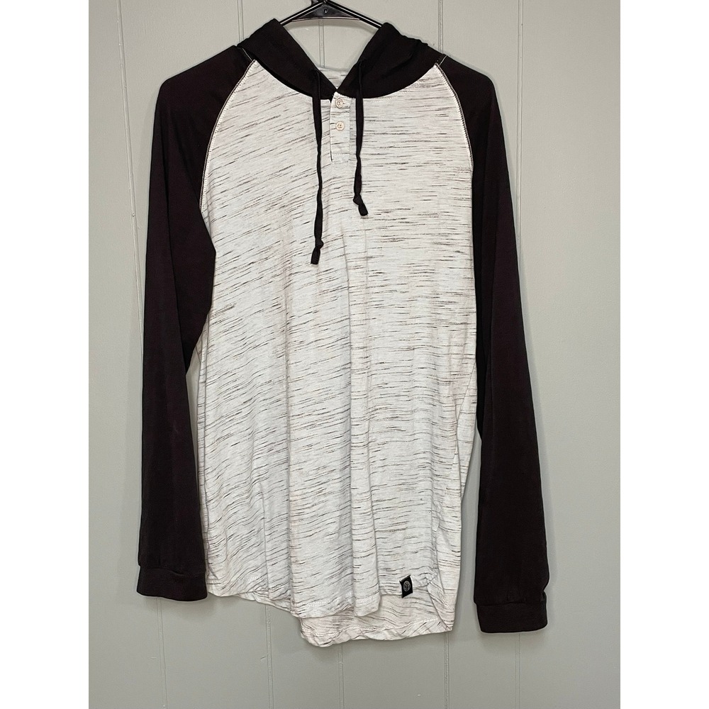 Free Planet‎ Mens Henley Hoodie Long Sleeve Marled Gray Black Size L